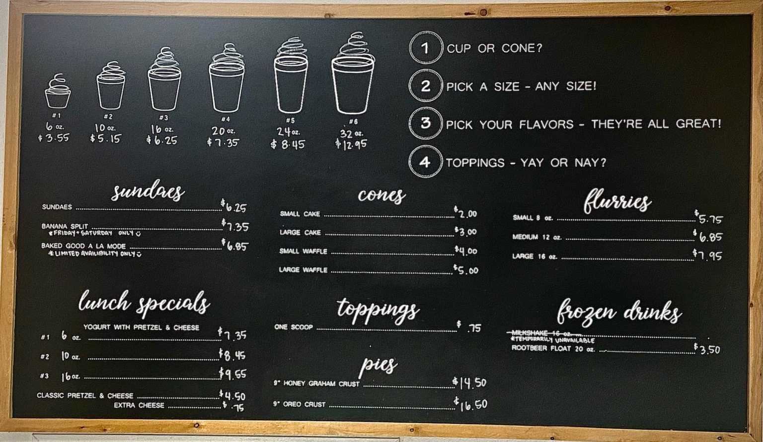 Menu Mesa Frozen Yogurt